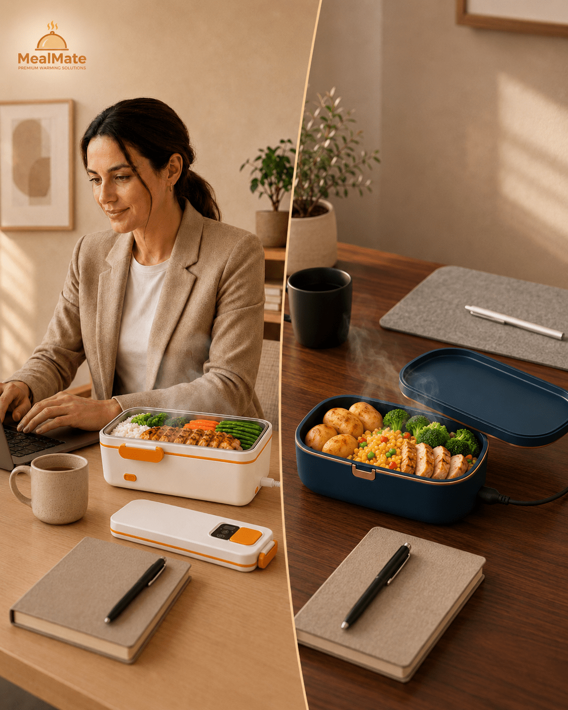 MealMate heated lunch boxes with prepared meals on a work desk