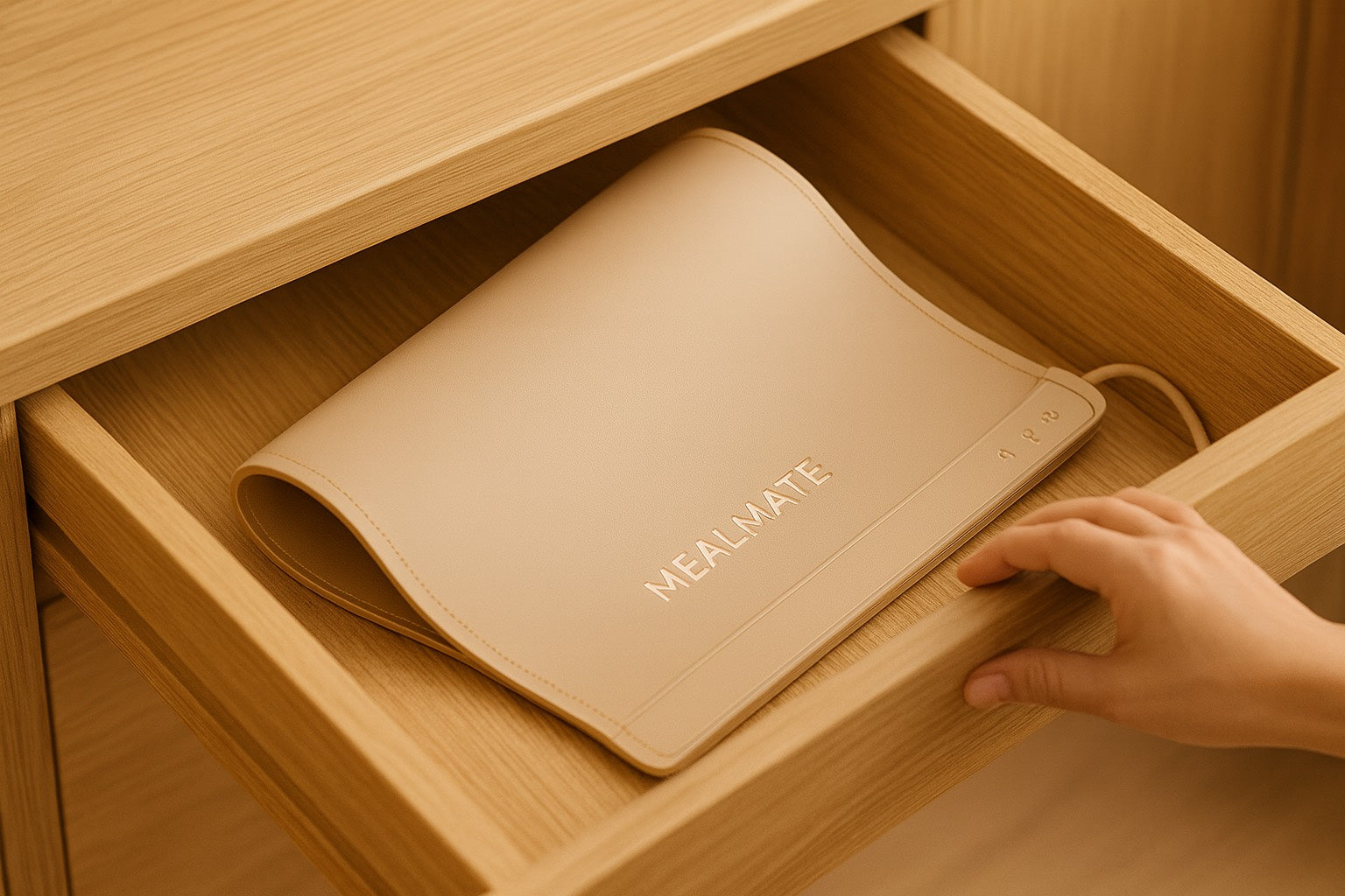 MealMate warming mat being folded and stored showing compact portability