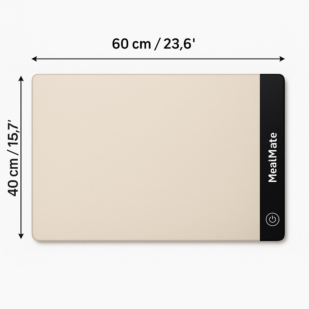 MealMate warming mat size and dimensions specifications showing 60x40cm measurements