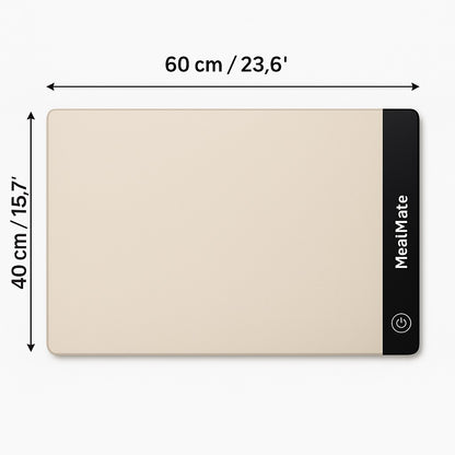 MealMate warming mat size and dimensions specifications showing 60x40cm measurements