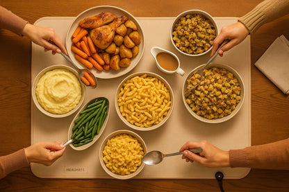 Plates and dishes placed on MealMate warming mat showing food warming capability