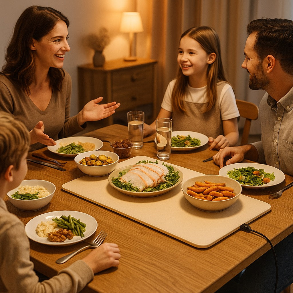 Family using MealMate warming mat during dinner with dishes staying warm