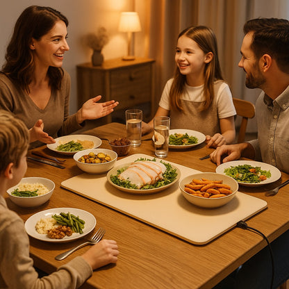 Family using MealMate warming mat during dinner with dishes staying warm