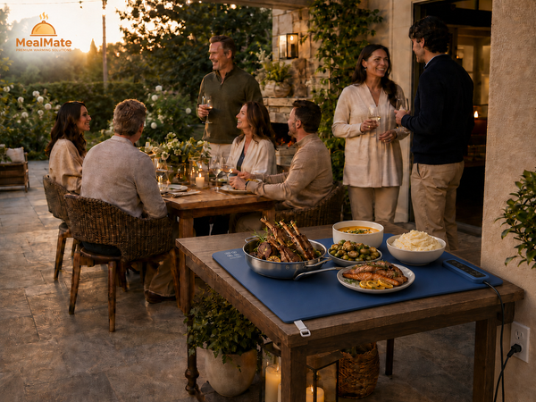 MealMate™ foldable warming mat for kitchen appliances, flexible design for keeping food warm and easy to store.