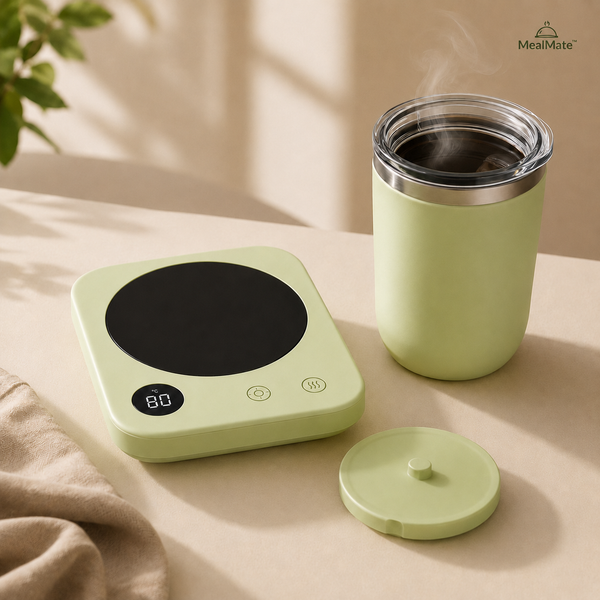MealMate WarmSip Pro Mug Warmer displaying a sleek black heating pad with a ceramic mug on top, designed to keep beverages warm