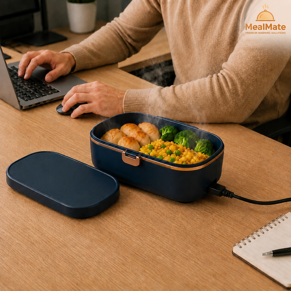 MealMate™ Mini Heated Lunch Box showing a compact, portable lunch container with a lid and heating base for on-the-go meals