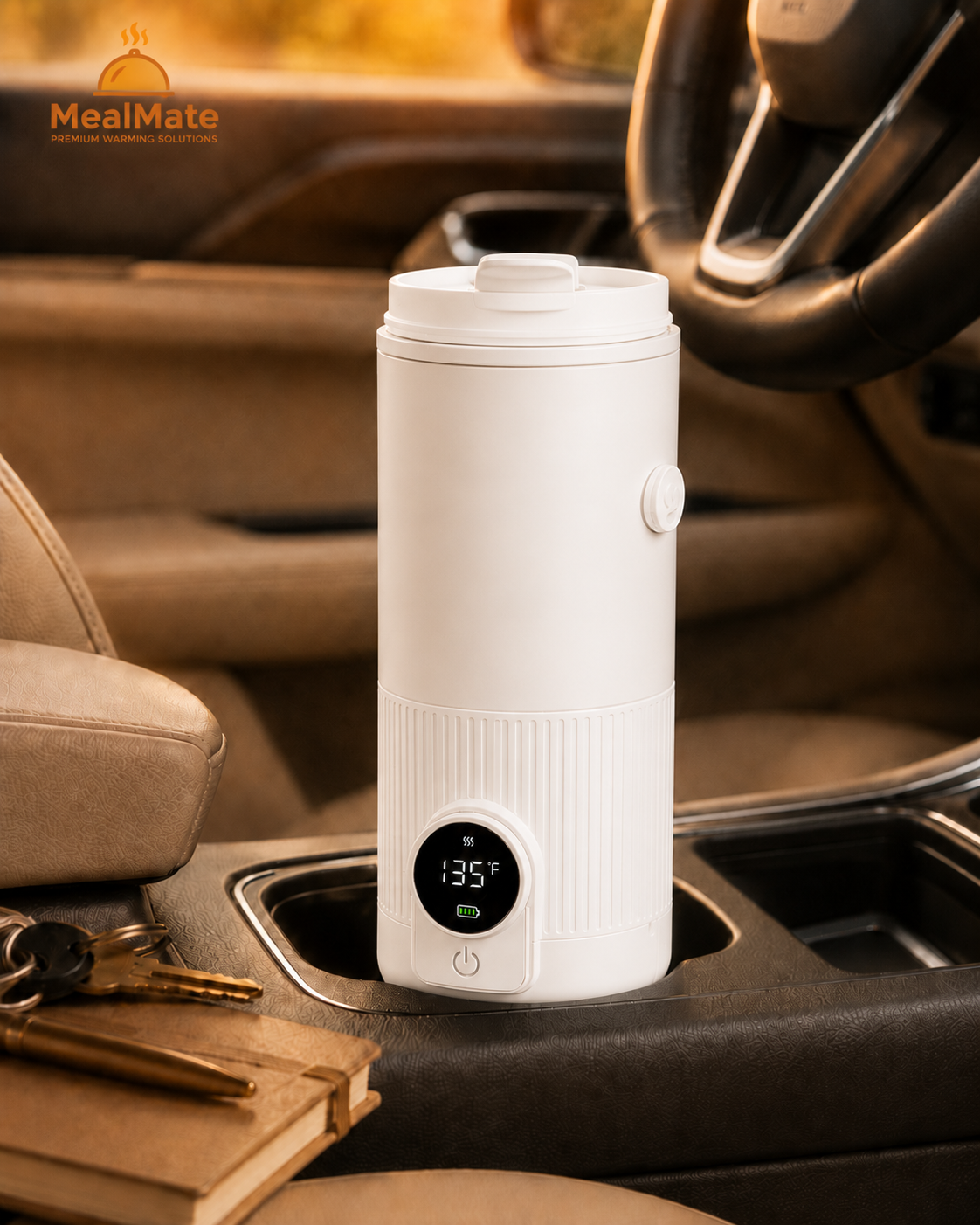 A white MealMate car coffee maker sits in a cup holder inside a car, with a digital display showing 135°F. The background shows the car's interior, including the steering wheel and seats.