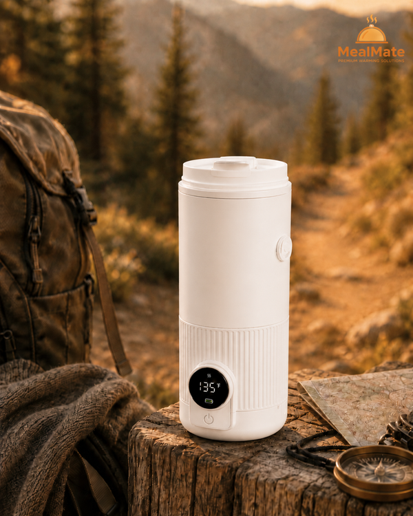 MealMate WarmSip Go portable heated mug with ergonomic handle and digital temperature control, ideal for hot beverages on the go.
