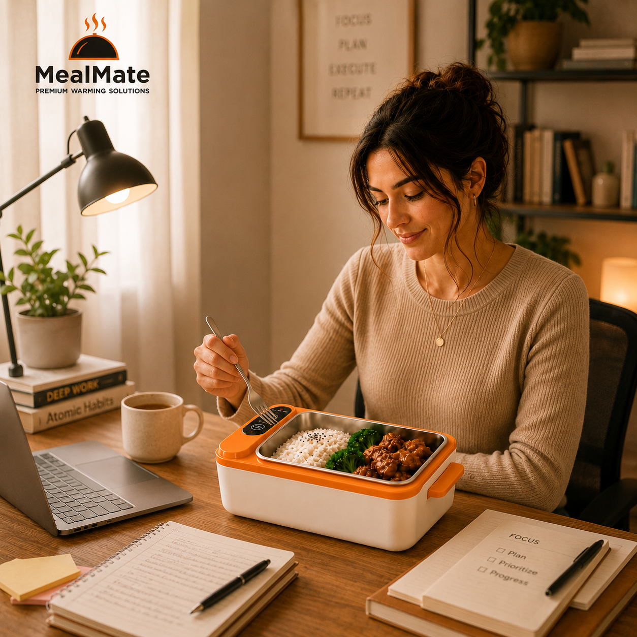 MealMate™ XL heated lunch box with sleek design, featuring a handle and digital temperature control for hot meals on the go.