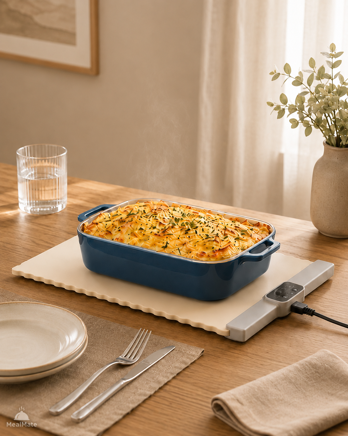 MealMate™ Everyday warming mat for kitchen appliances, showing a compact, insulated device designed to keep food warm.