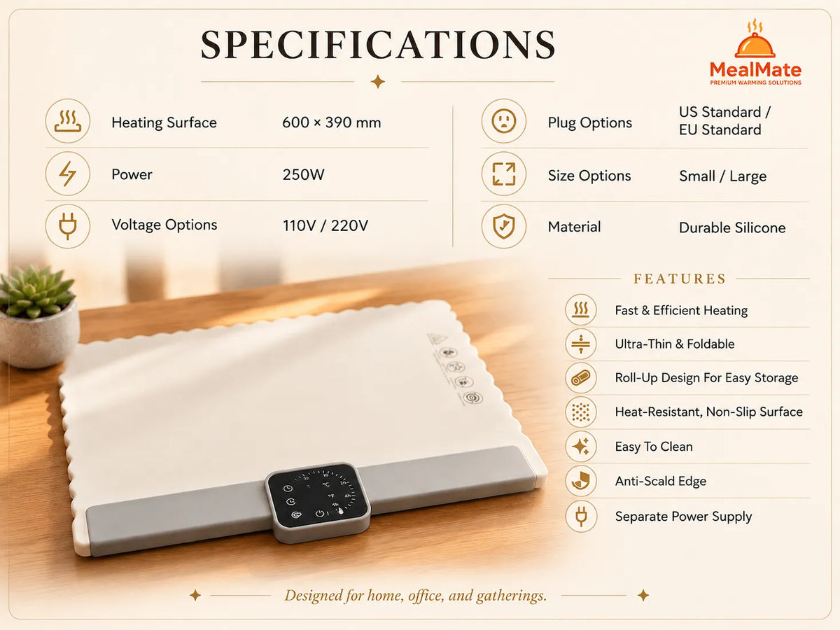 MealMate warming mat with product specifications, dimensions, power options, materials, and key features.