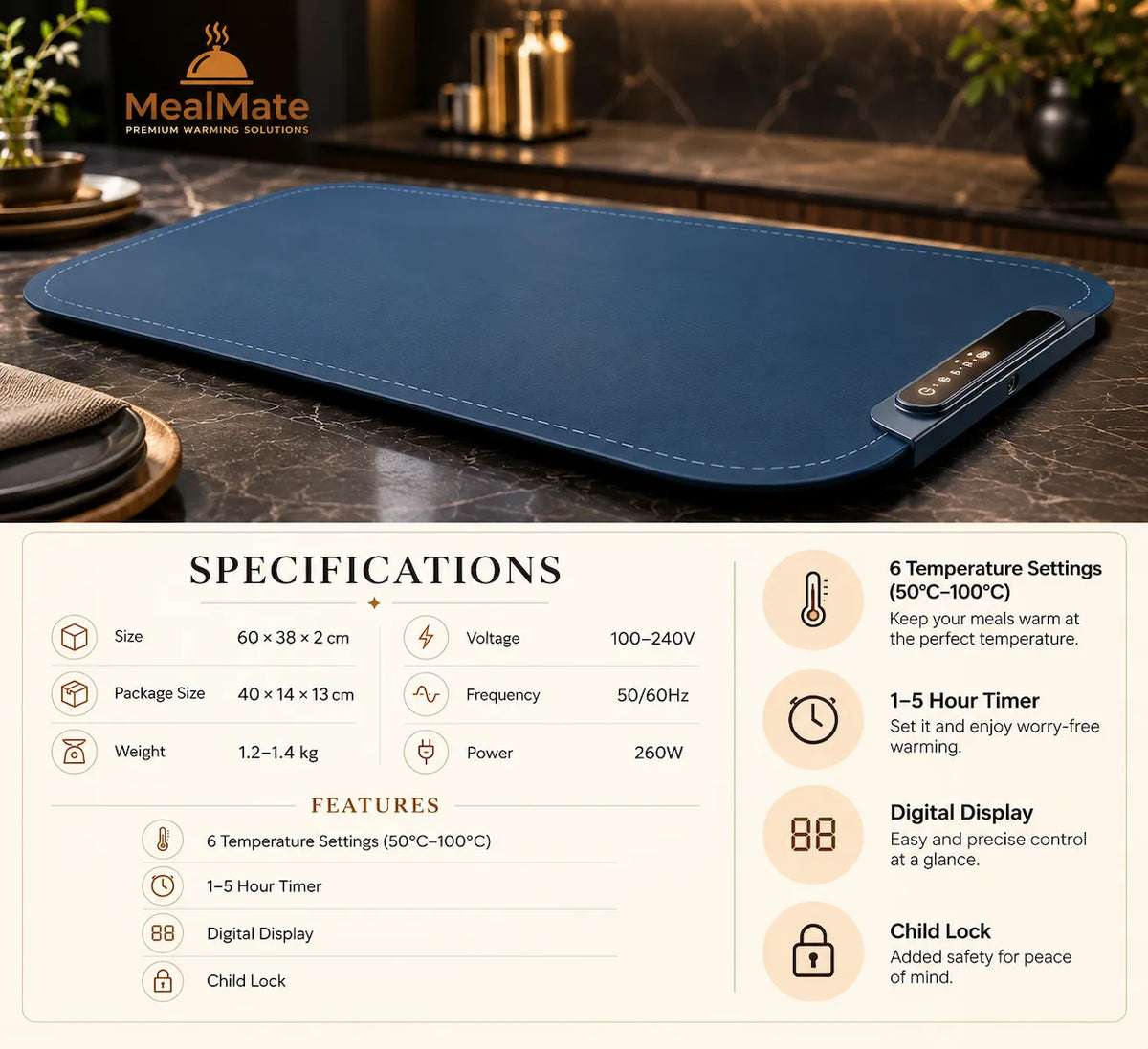 Blue MealMate warming mat with digital controls, temperature settings, timer, child lock, and product specifications.