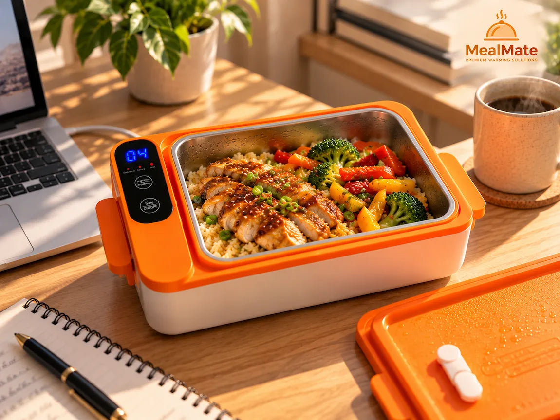 MealMate XL heated lunch box with digital controls, warming a chicken and vegetable meal on a sunny office desk.