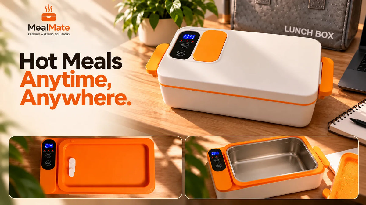MealMate white and orange heated lunch box with digital display and stainless steel interior.