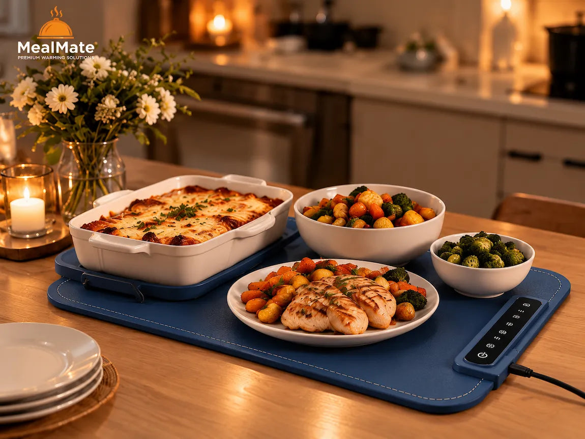 MealMate blue warming mat keeping a family-style dinner warm with casserole, chicken, and vegetables.