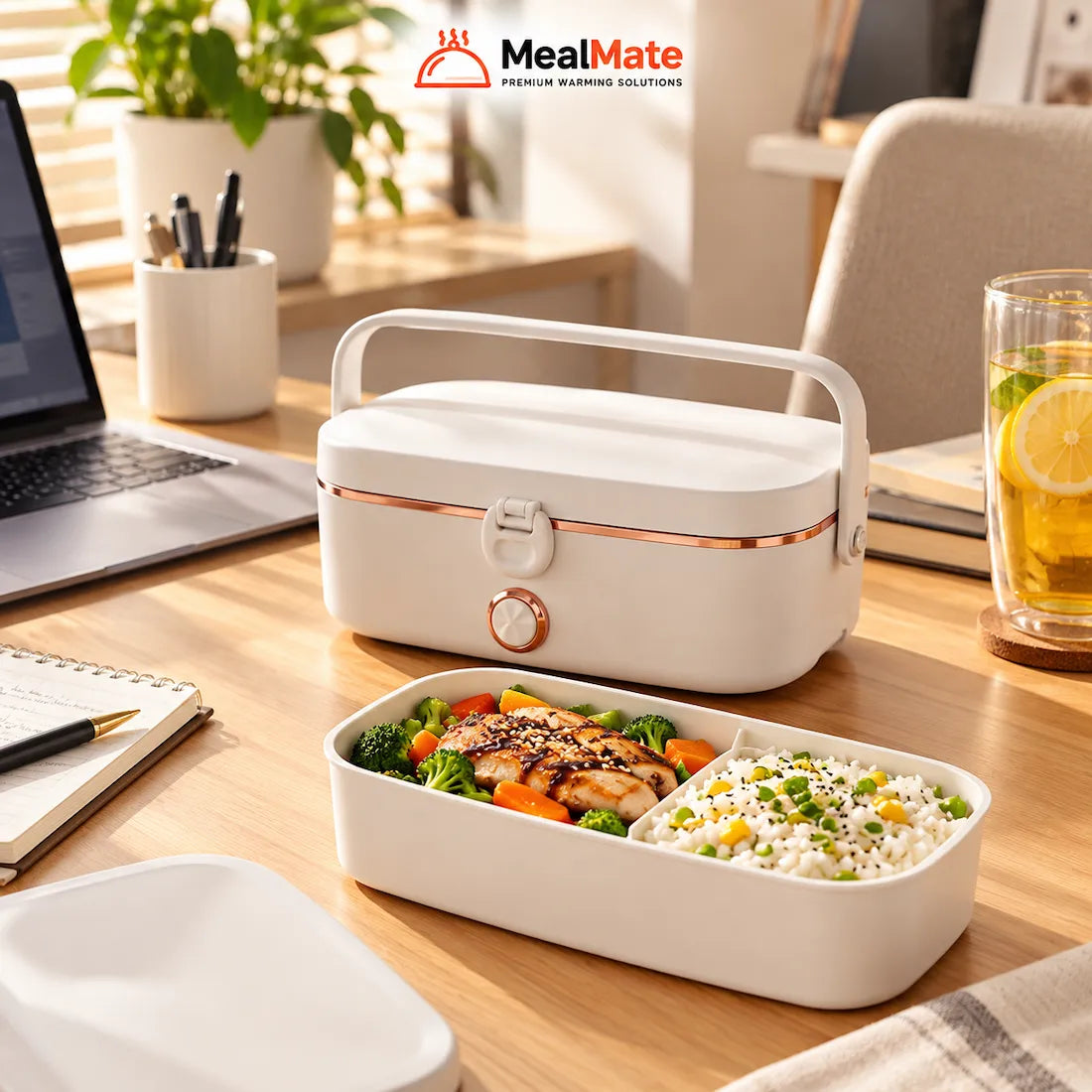 MealMate heated lunch box with a handle, featuring a homemade chicken and rice meal on a sunlit office desk.