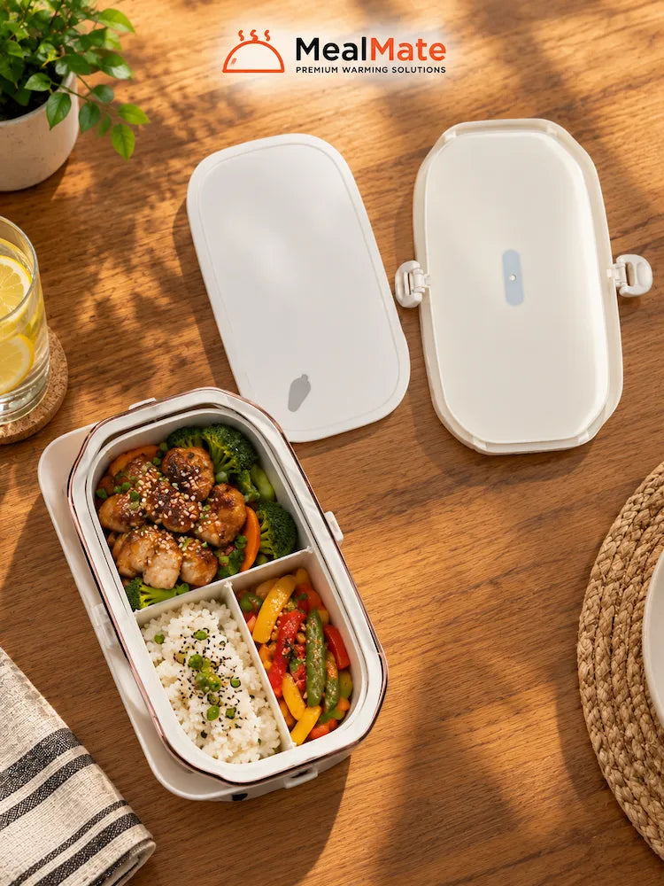 MealMate heated lunch box with removable lid and a divided container filled with chicken, rice, and vegetables.