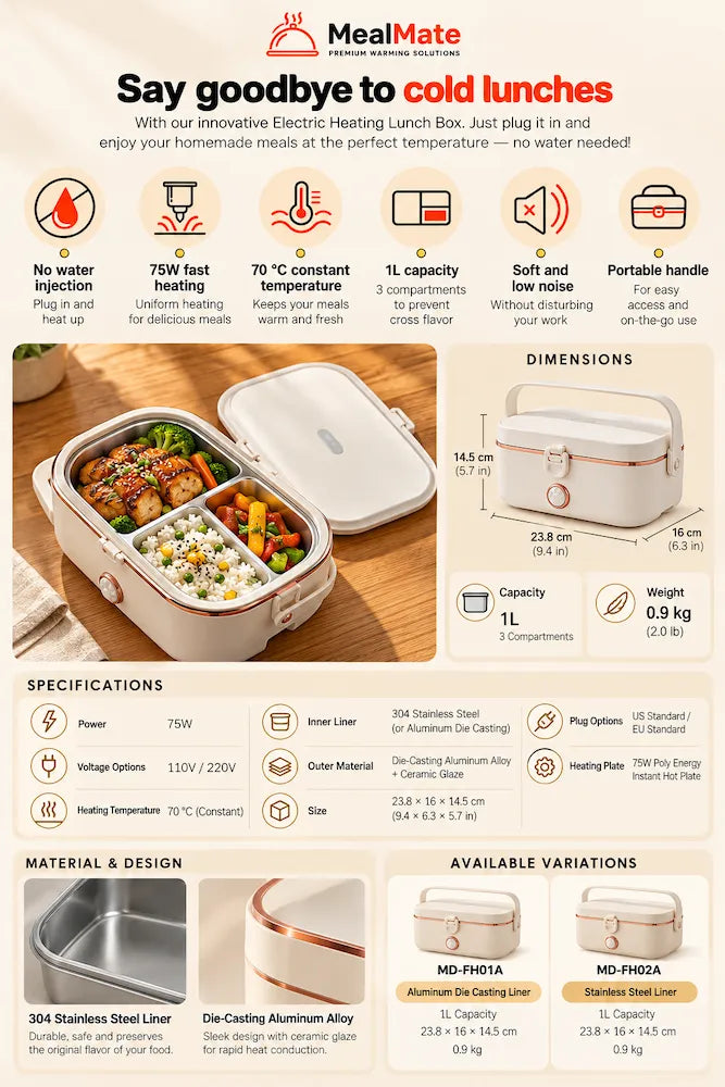 MealMate electric heated lunch box infographic featuring product benefits, dimensions, specifications, materials, and available variations