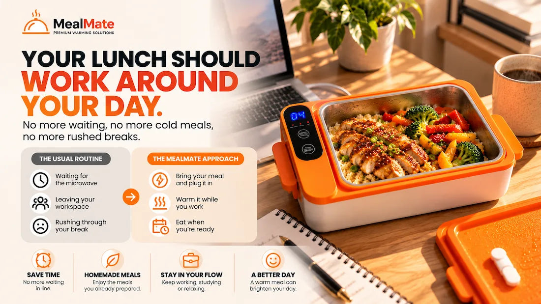MealMate heated lunch box keeping a homemade meal warm at an office desk.