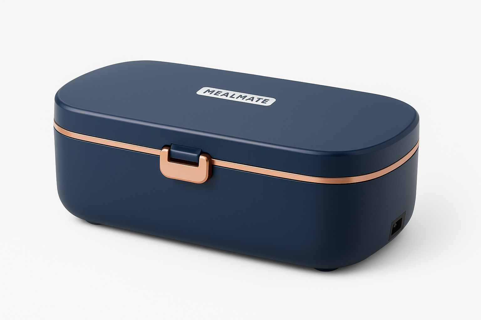 MealMate heated lunch box navy blue with rose gold trim